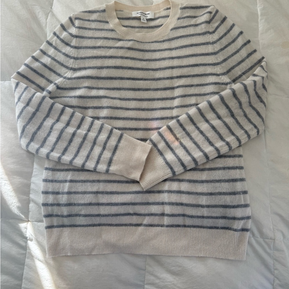 Nordstrom CASHMERE Cream and Gray Striped Sweater